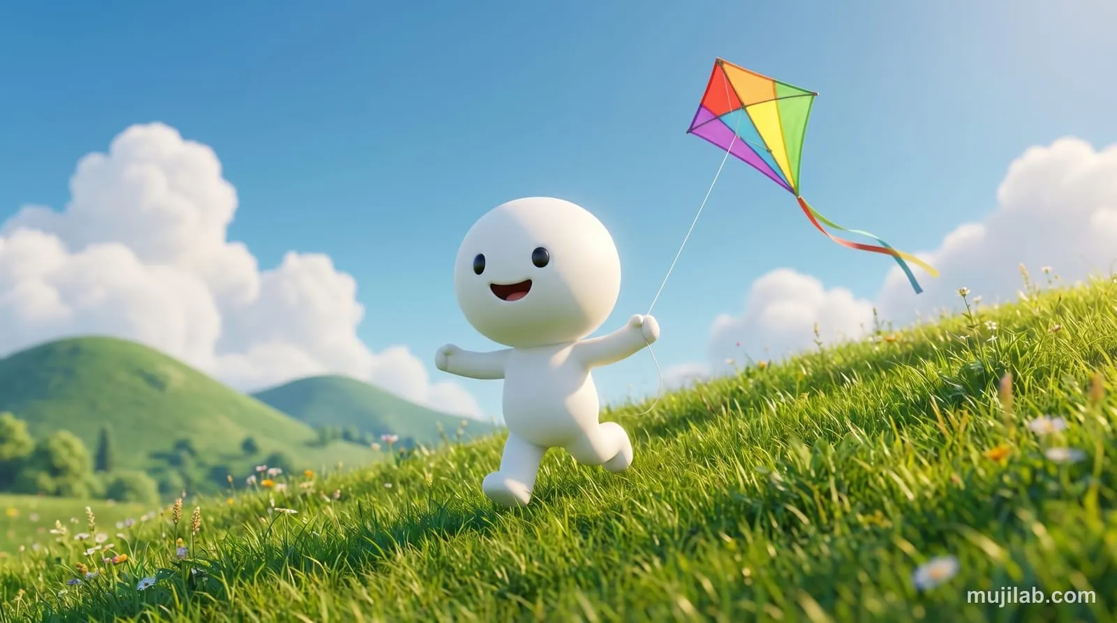 Muji, la mascotte de Muji Lab, joyeux dans une prairie avec un cerf-volant coloré
