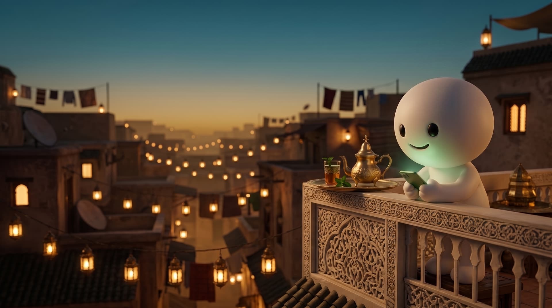 Muji prend le thé sur une terrasse marocaine au crépuscule, son téléphone répond tout seul